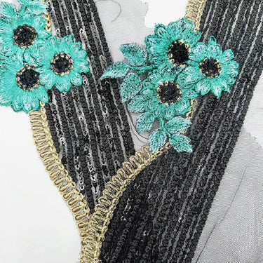 Black Net Scallop Cutwork Lace Trim with Blue Floral Embroidery With Sequins, Sari Border, Embroidered Trim